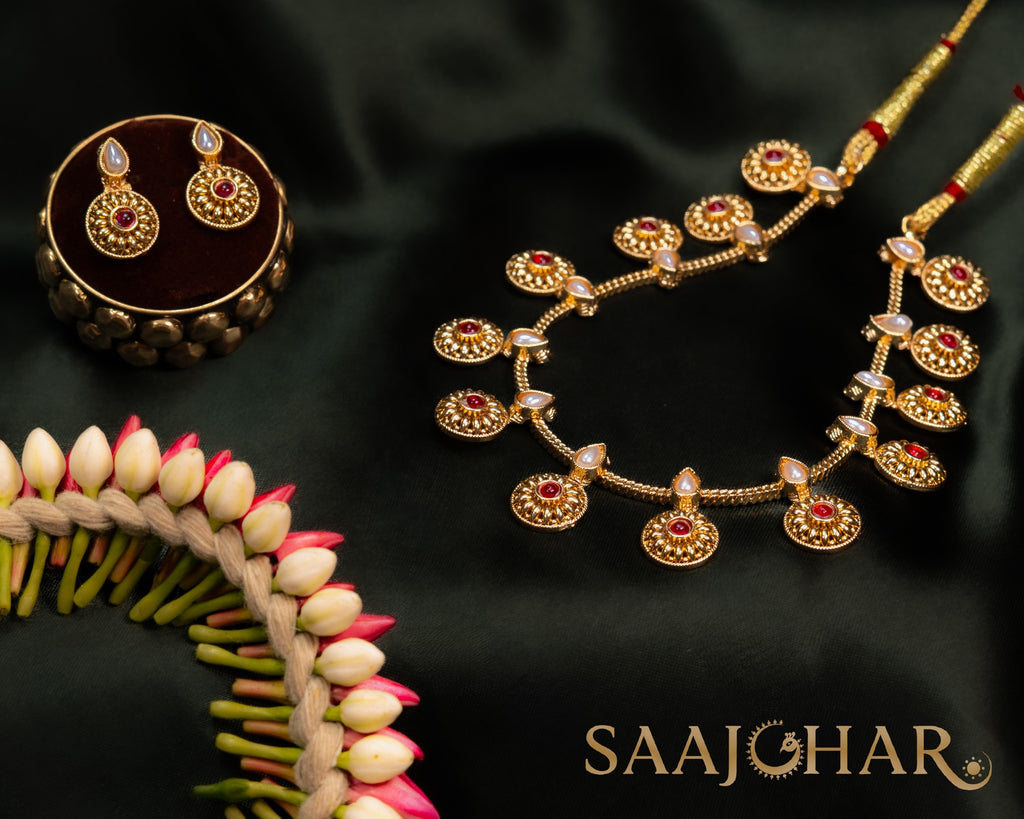 Red Stone Antique Coin Motif Necklace Set