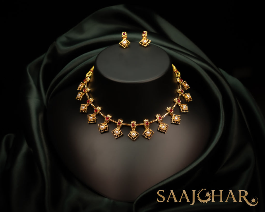 Square Kundan & Ruby Accent Necklace Set