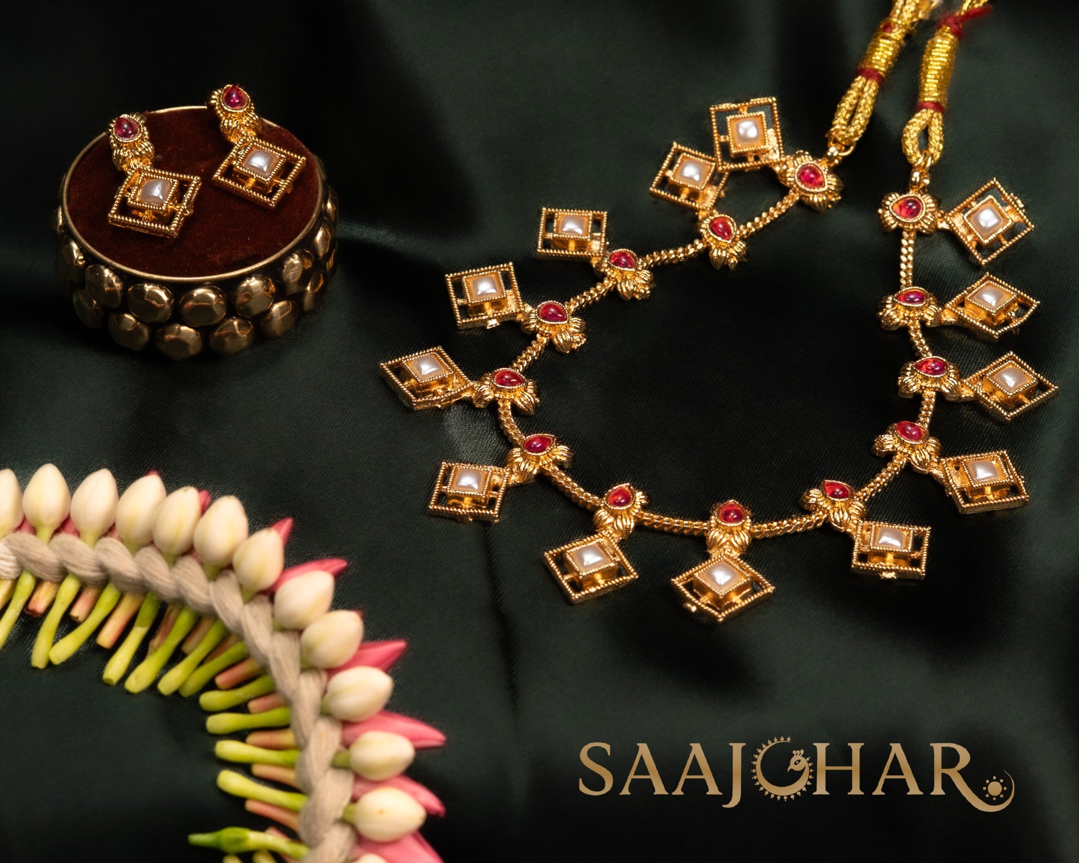 Square Kundan & Ruby Accent Necklace Set