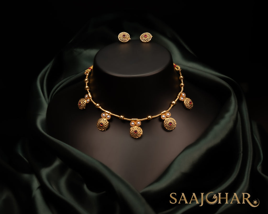 Antique Gold Dome Motif Necklace Set with Red & Pearl Accents