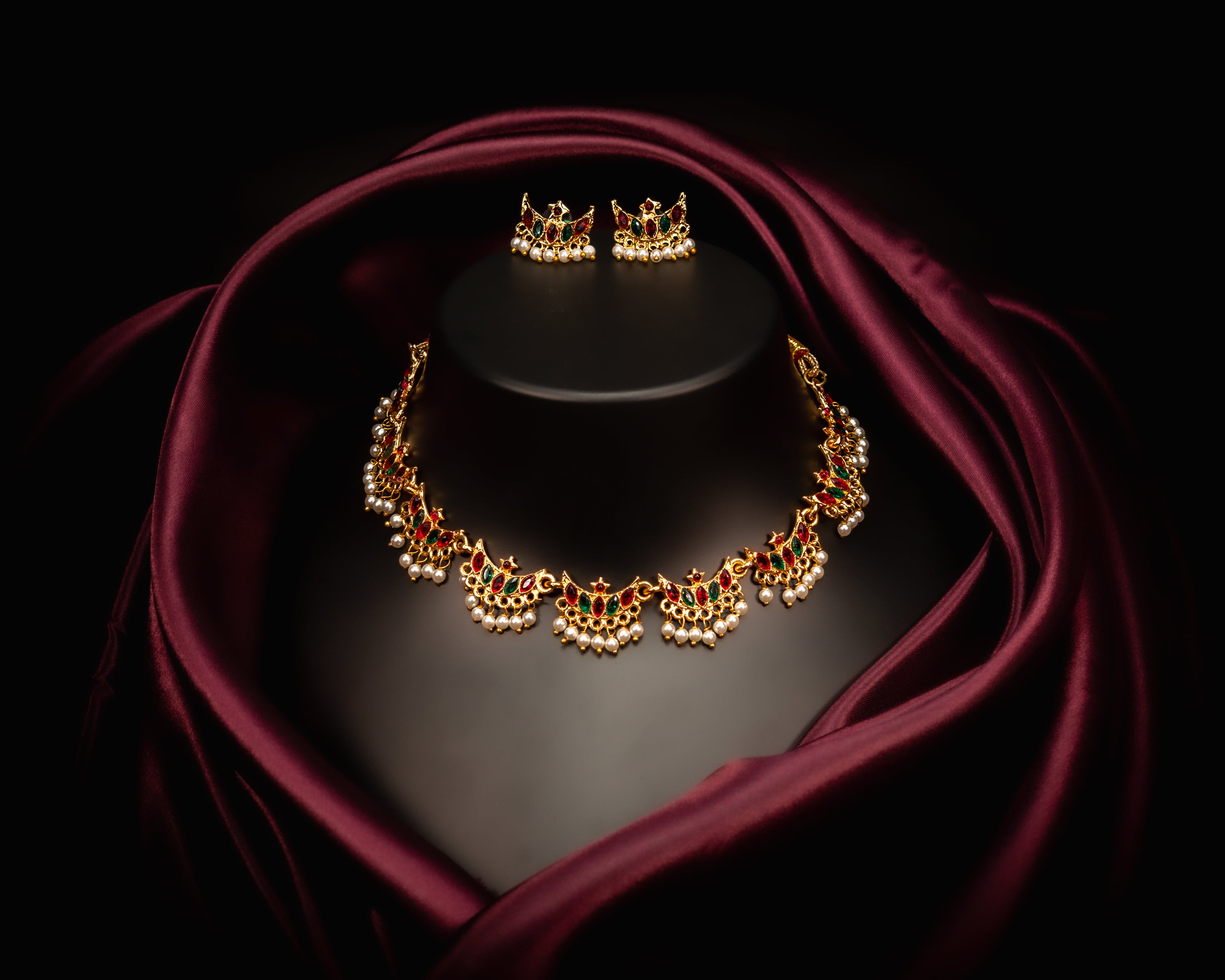 Ruby–Emerald Temple Charm Necklace Set