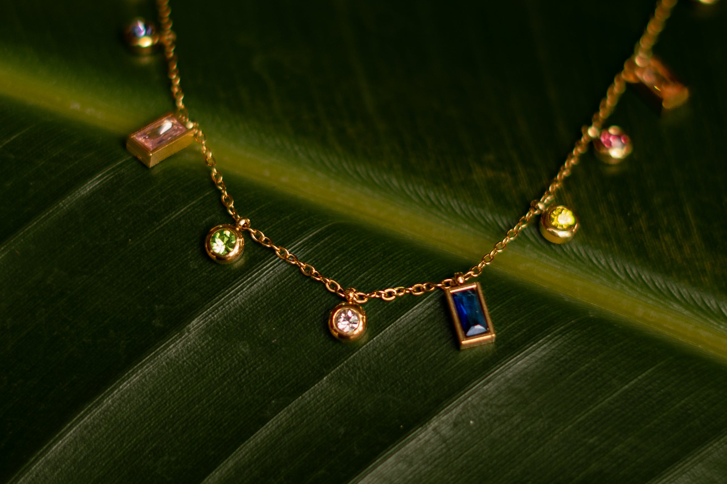 Multi-Colored Gemstone Gold Charm Necklace