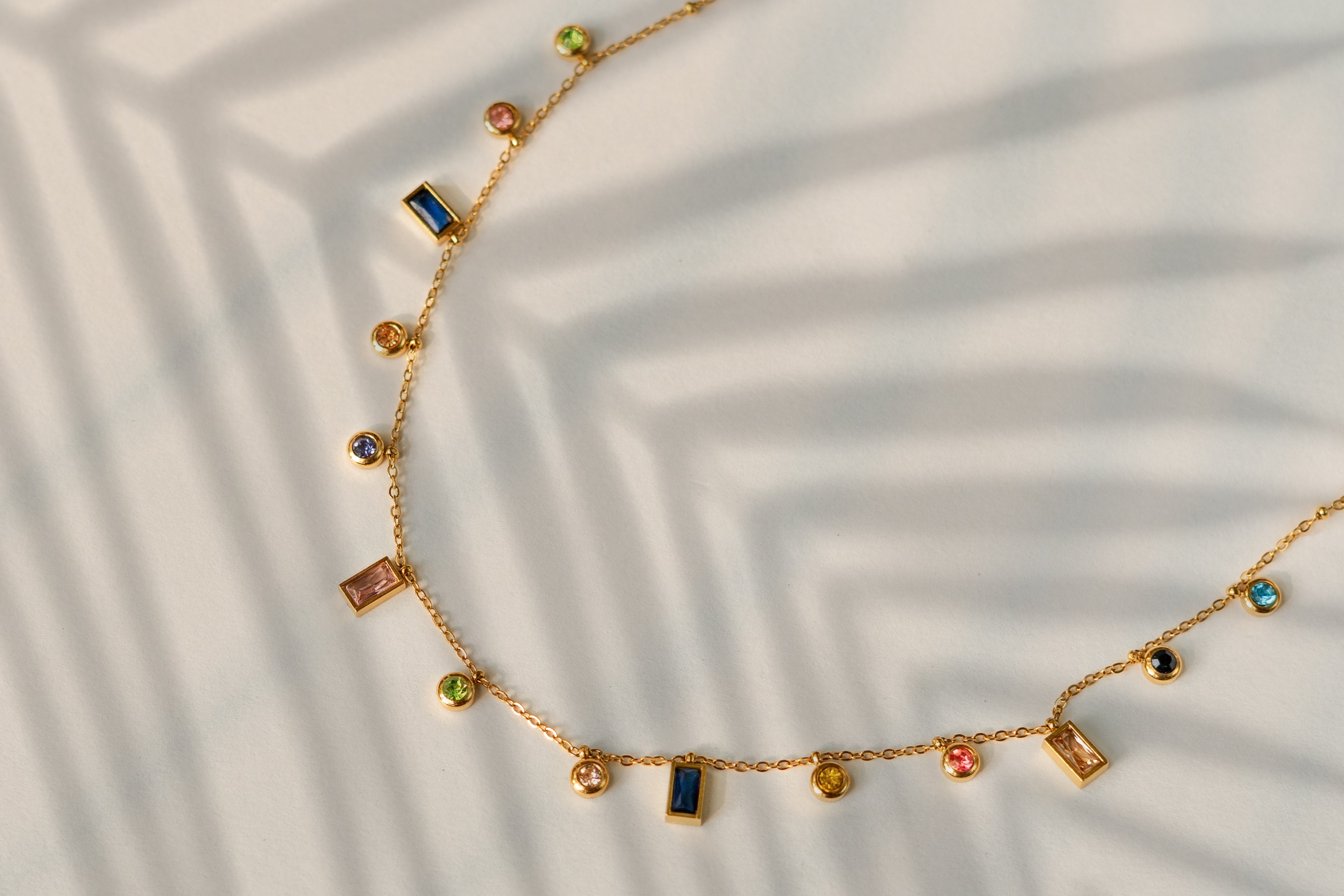 Multi-Colored Gemstone Gold Charm Necklace