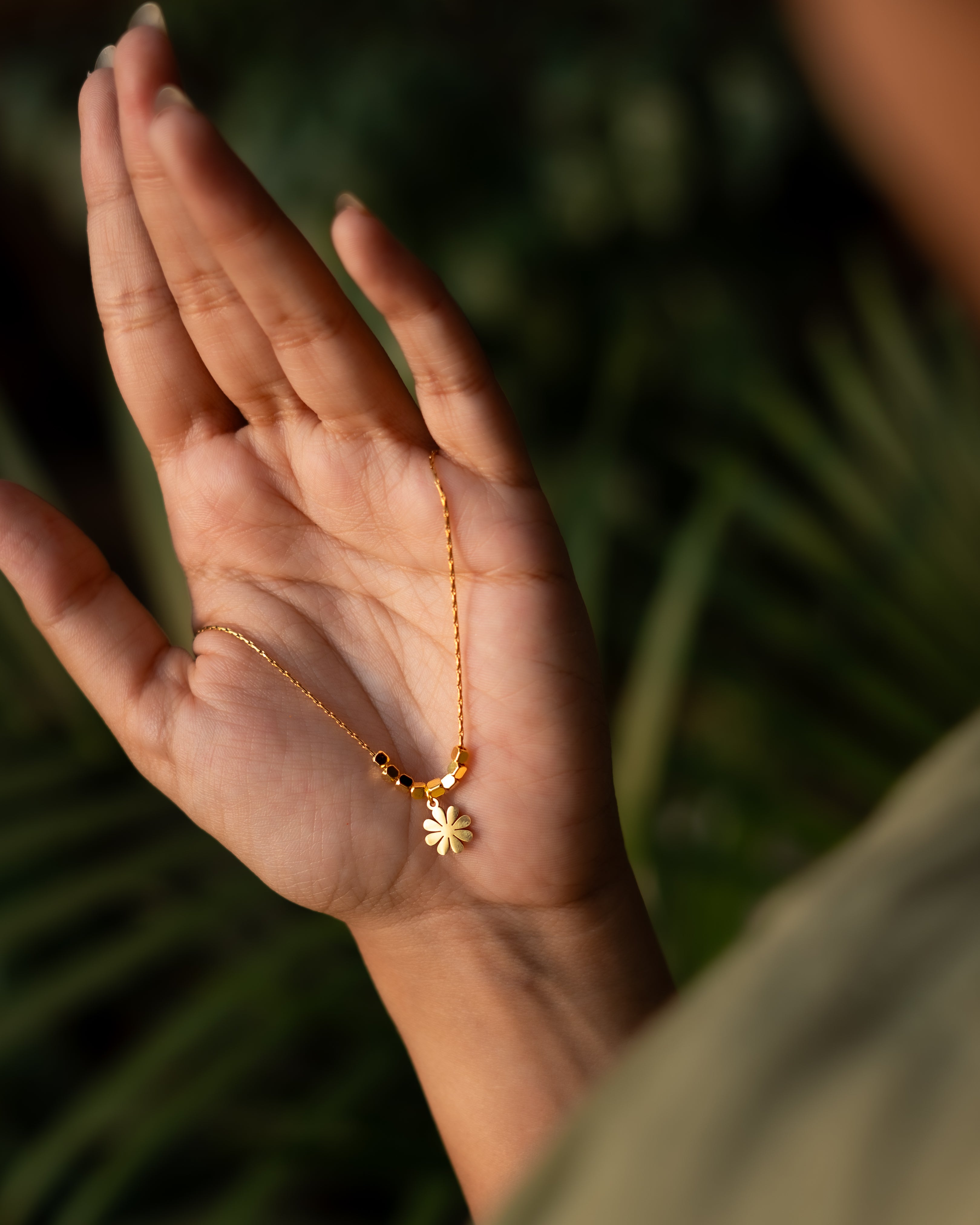 Minimal Gold Flower Charm Necklace with Geometric Beads