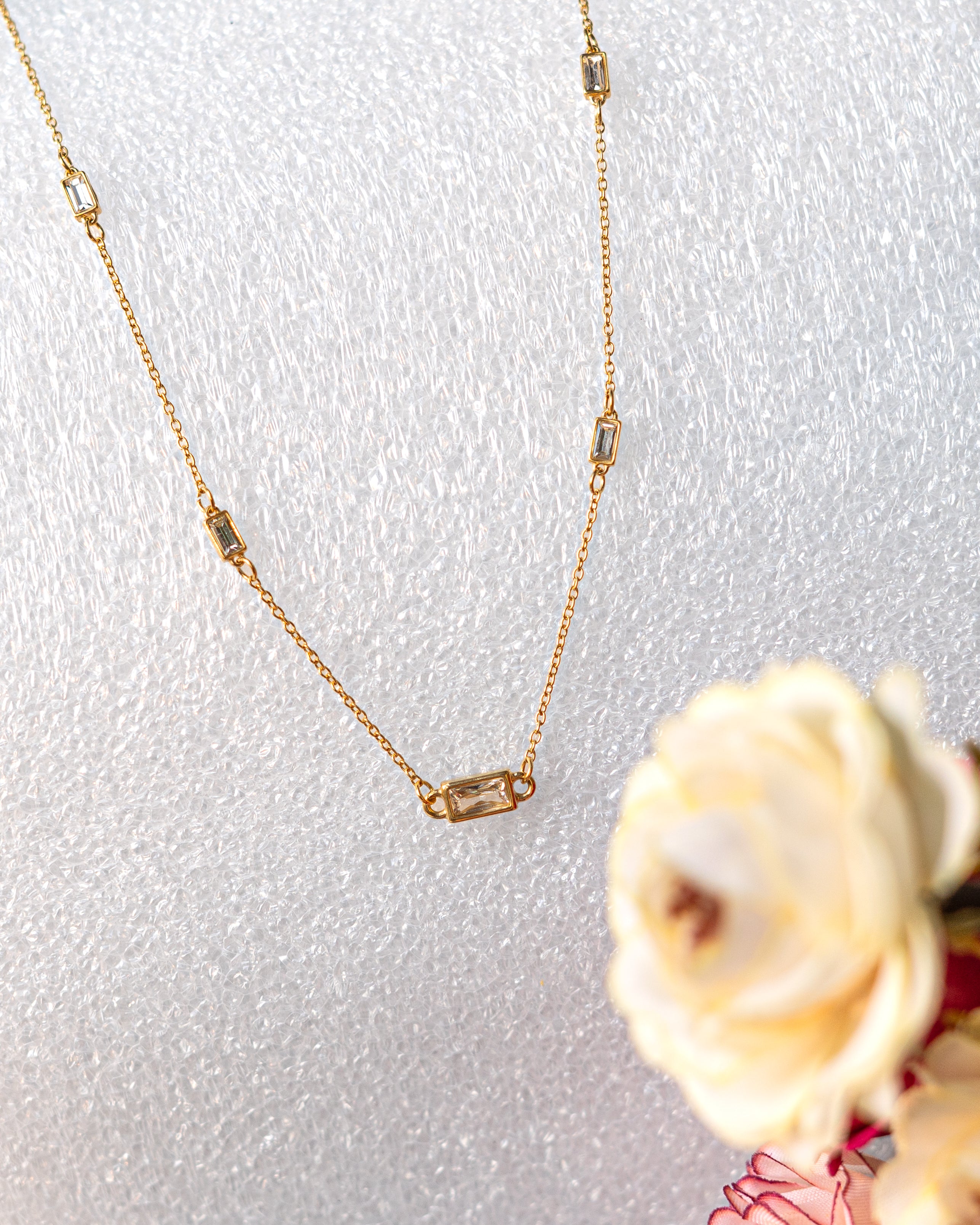 Gold Baguette Crystal Station Necklace