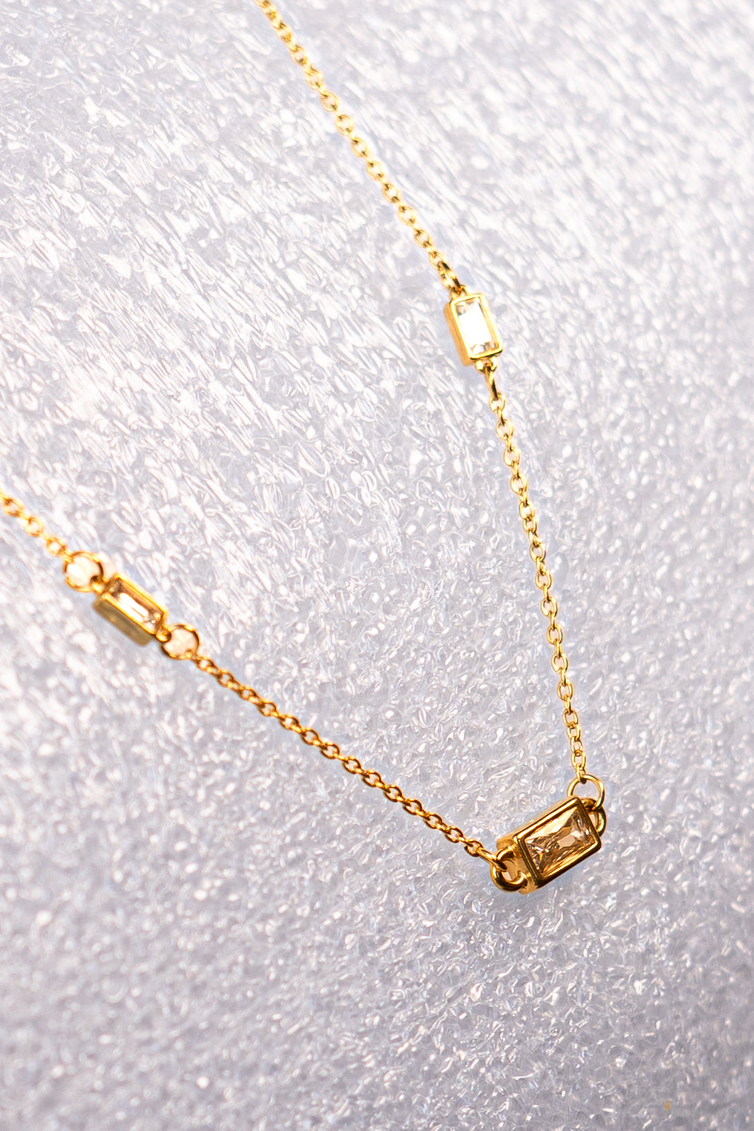 Gold Baguette Crystal Station Necklace
