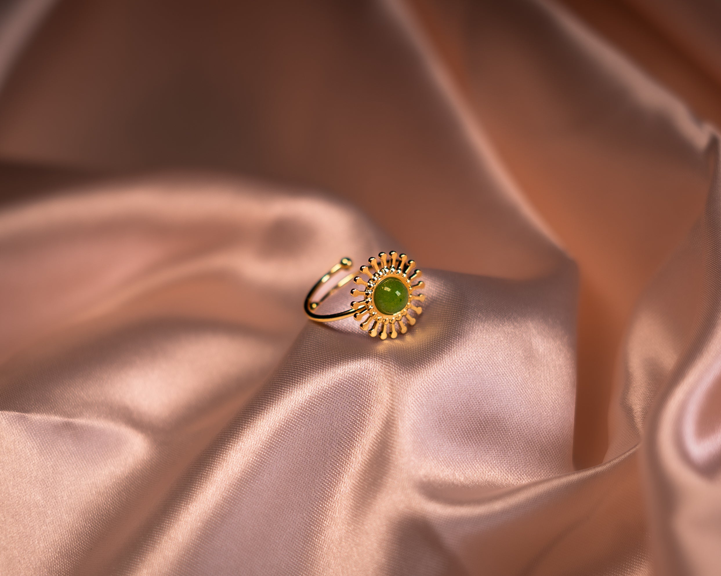Gold Sunburst Green Stone Adjustable Ring