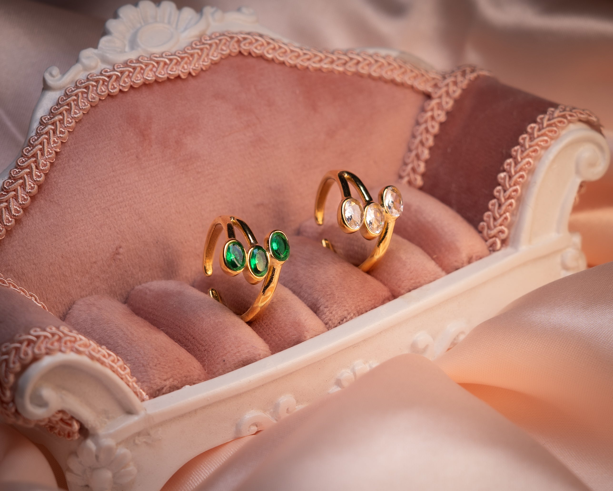 Triple Stone Adjustable Gold Ring – Emerald & Crystal Finish